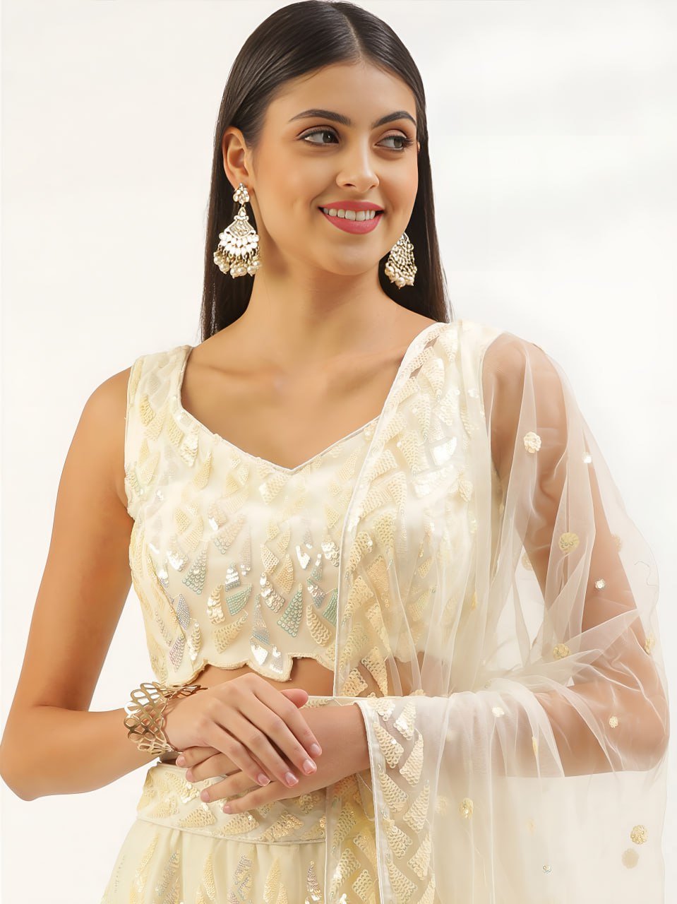 Yellow Sequins Embroidered Lehenga Choli with Net Dupatta