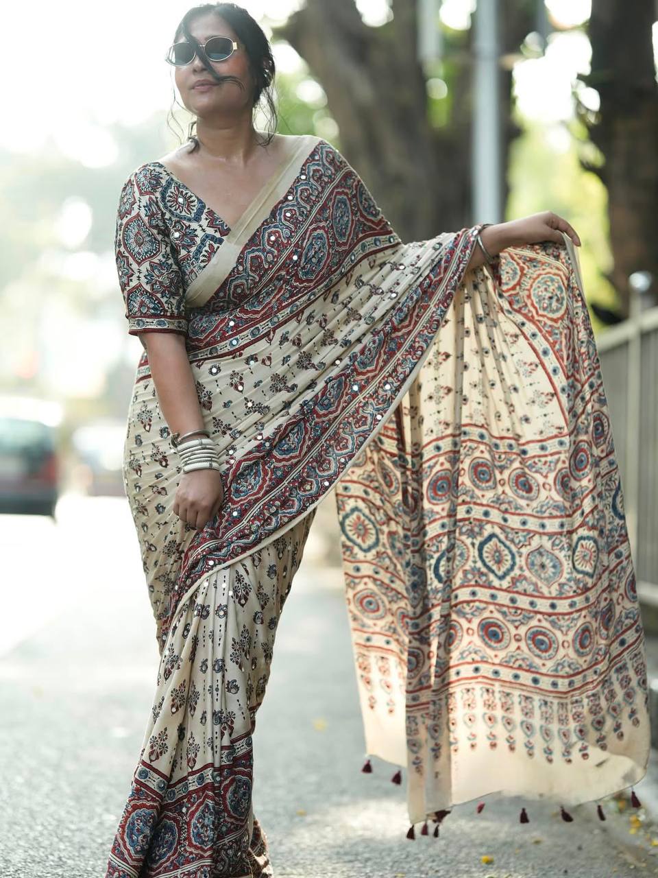 Semi Modal Silk Ajrakh Print Saree & Designer Blouse