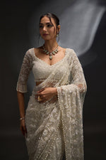 White Color Party Wear Sequins Embroidery Designer Saree