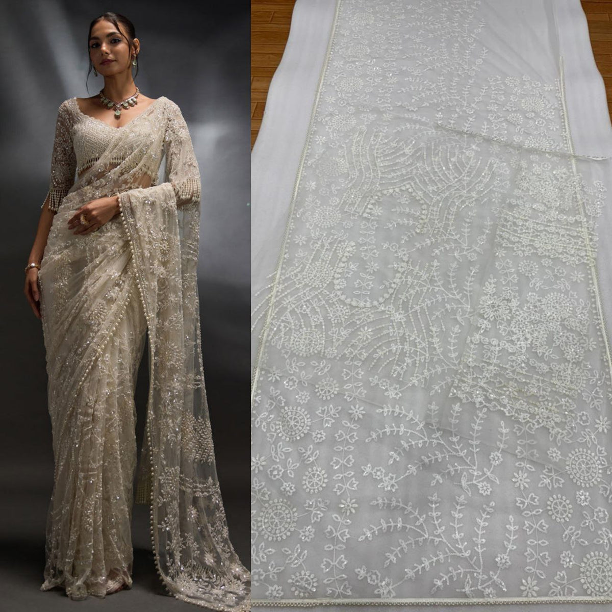 White Color Party Wear Sequins Embroidery Designer Saree