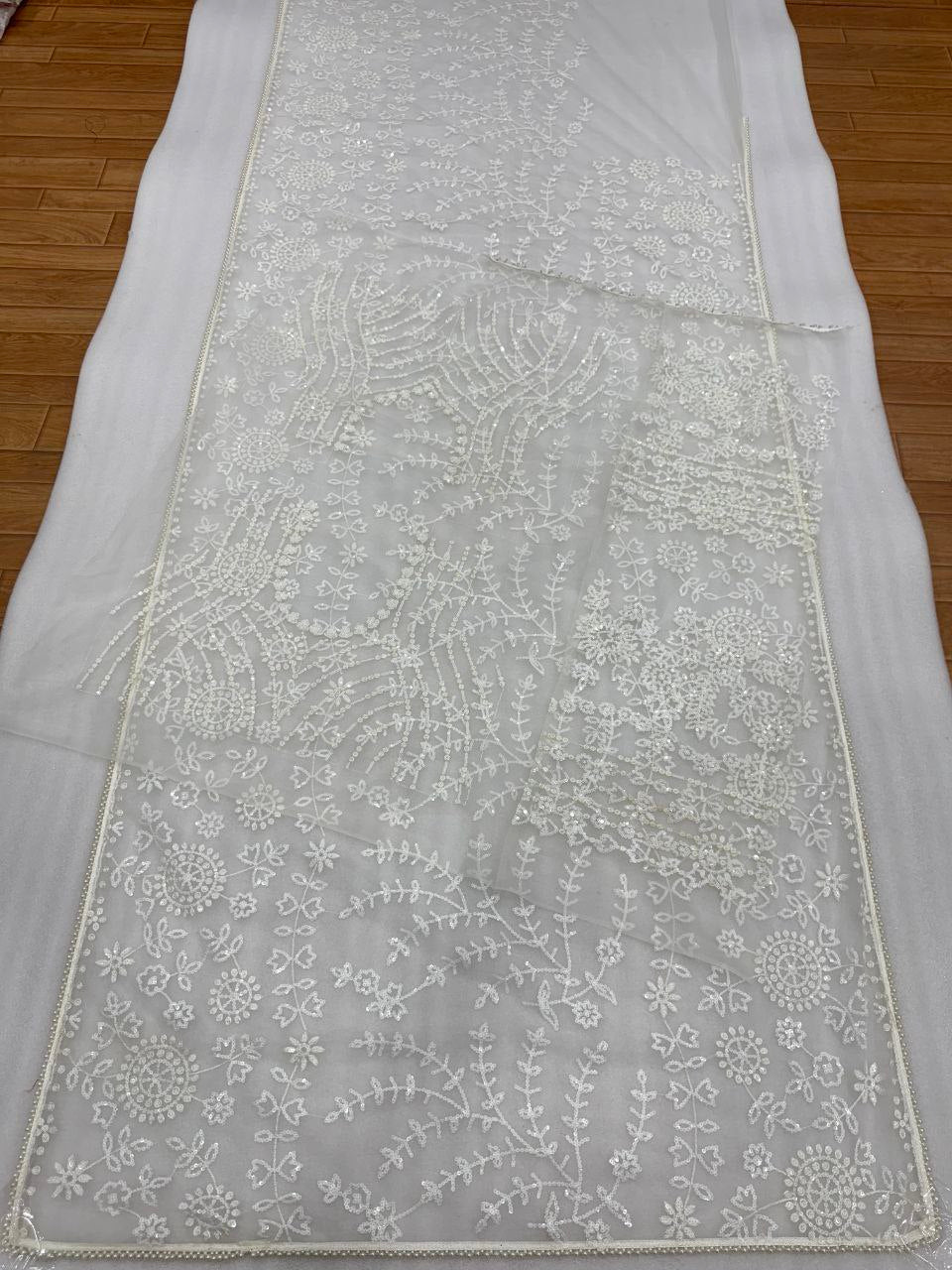 White Color Party Wear Sequins Embroidery Designer Saree