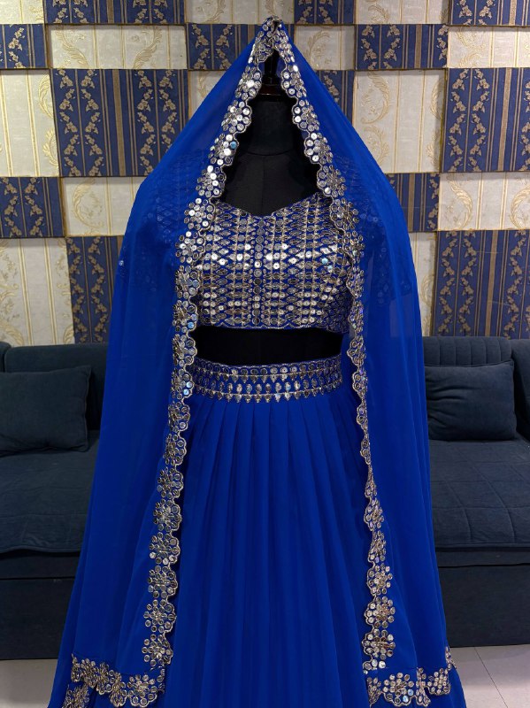 Blue Fox Georgette Lehenga Choli with Sequins Work Designer Party Wear Lehenga
