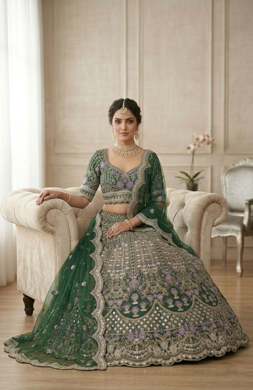 Elegant Green Mono Satin Silk Lehenga Choli with Coding Sequins Cut Work