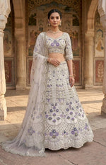 Elegant White Mono Satin Silk Lehenga Choli with Coding Sequins Cut Work