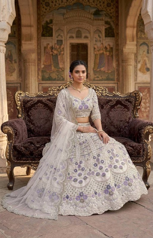 Elegant White Mono Satin Silk Lehenga Choli with Coding Sequins Cut Work