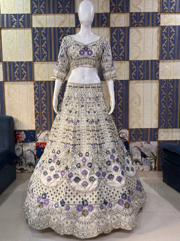 Elegant White Mono Satin Silk Lehenga Choli with Coding Sequins Cut Work