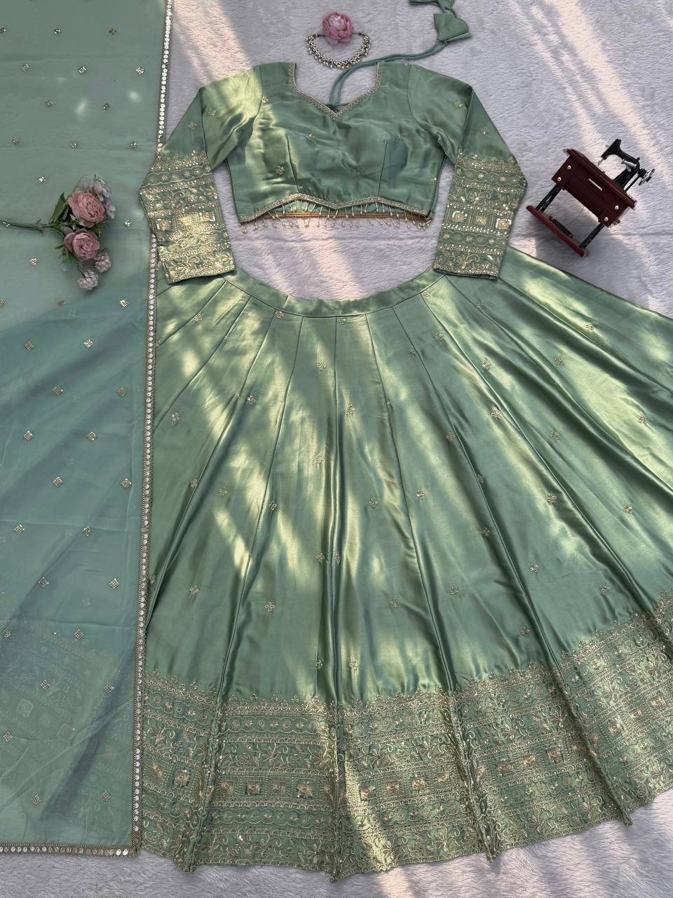 Pista Green Designer Embroidery Lehenga Choli for Women