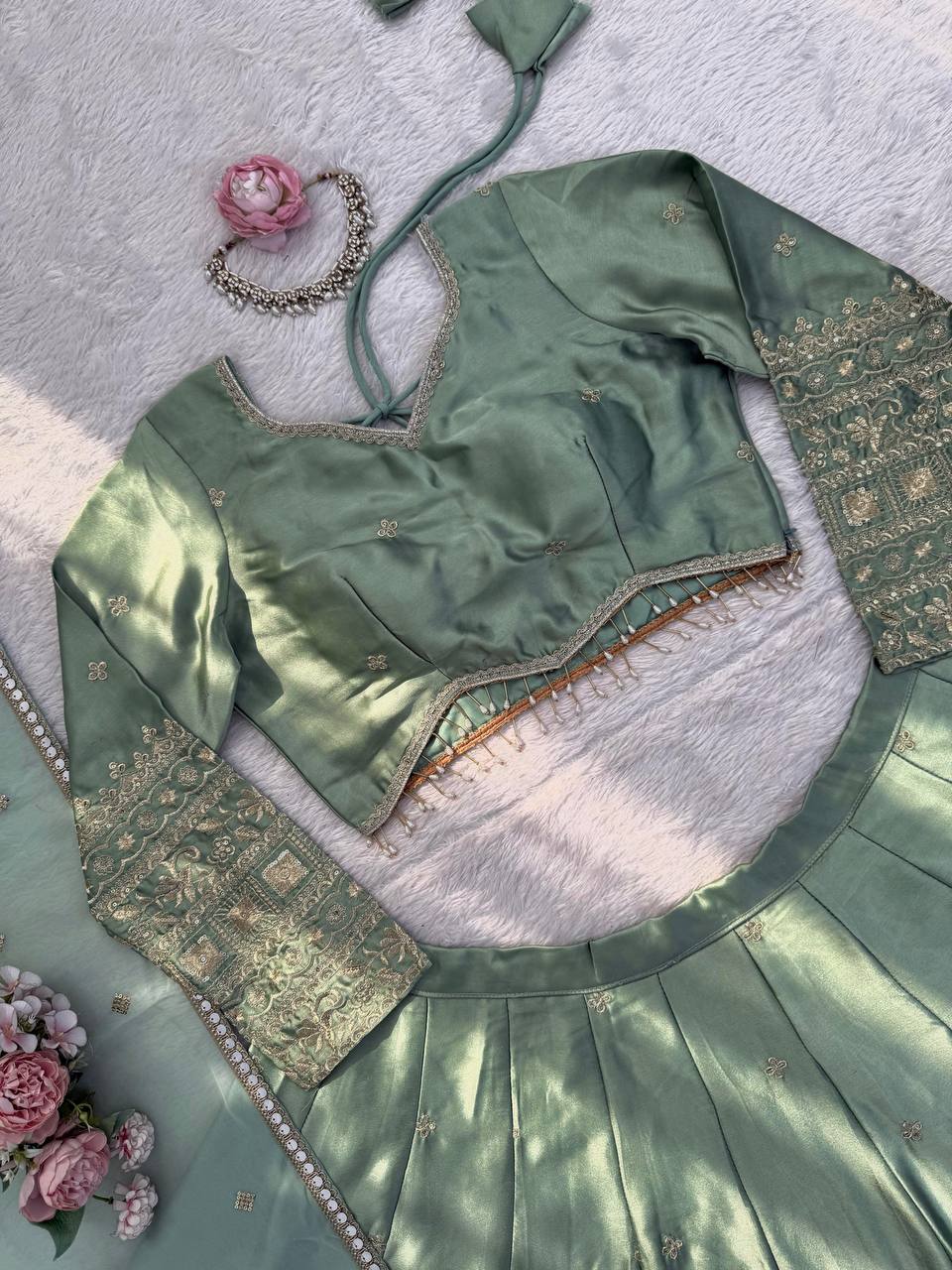 Pista Green Designer Embroidery Lehenga Choli for Women