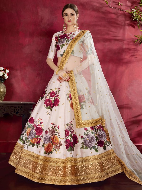 Ivory Floral Designer Lehenga Choli with Golden Embroidered Border & Net Dupatta