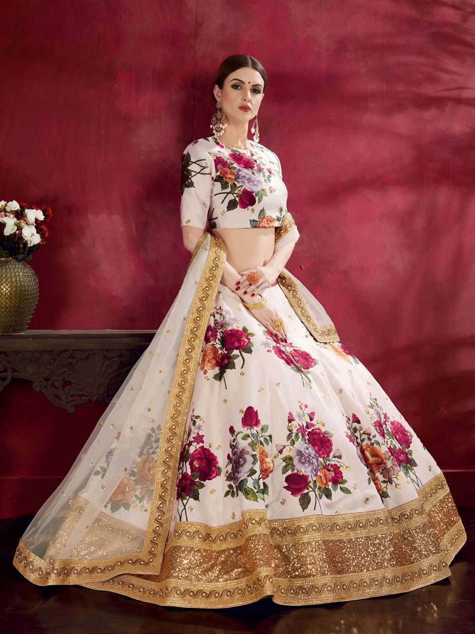 Ivory Floral Designer Lehenga Choli with Golden Embroidered Border & Net Dupatta