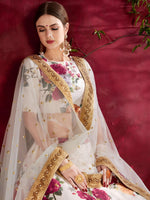 Ivory Floral Designer Lehenga Choli with Golden Embroidered Border & Net Dupatta