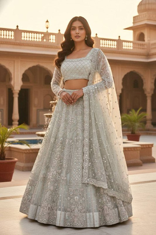 White Designer Butterfly Net Lehenga Choli