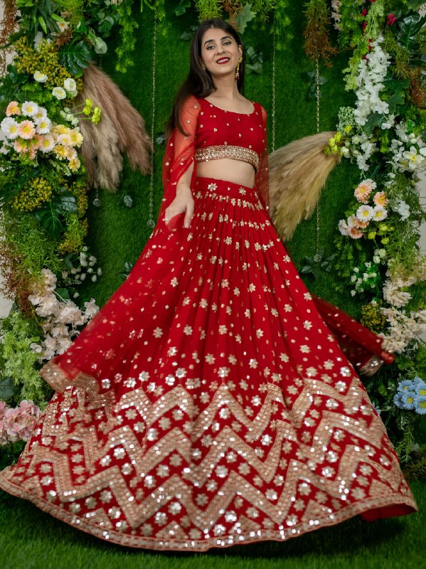 Red Georgette Lehenga Choli with Zari & Sequins Embroidery Wrok