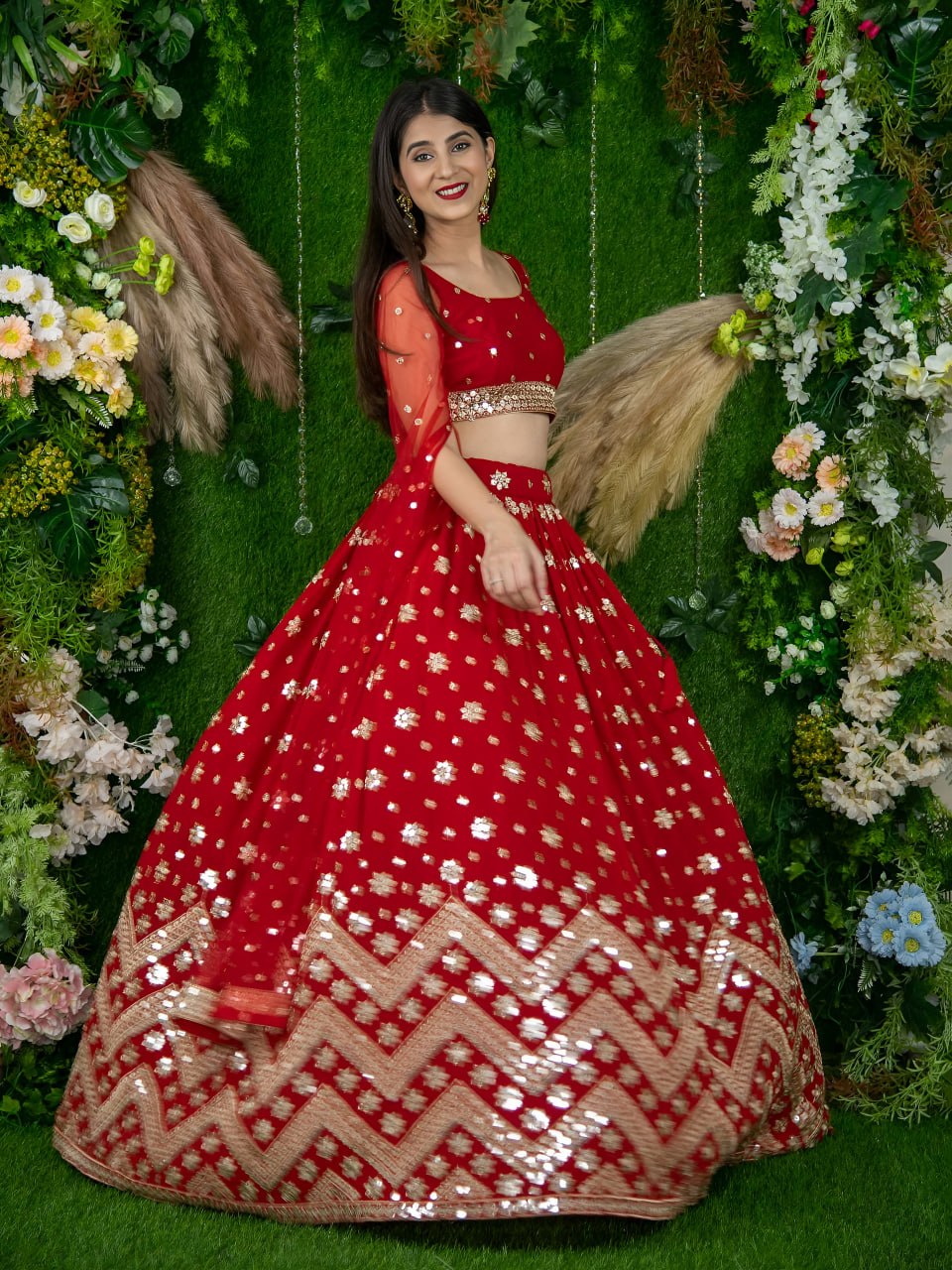 Red Georgette Lehenga Choli with Zari & Sequins Embroidery Wrok