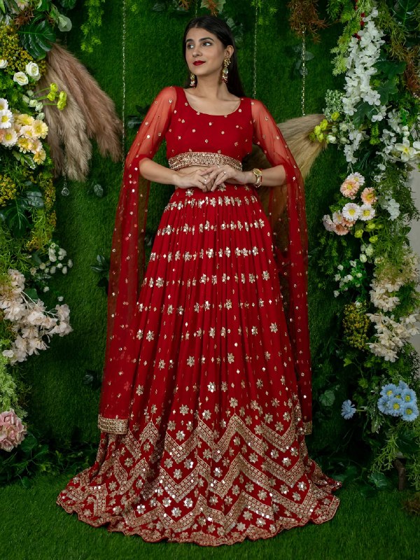 Red Georgette Lehenga Choli with Zari & Sequins Embroidery Wrok