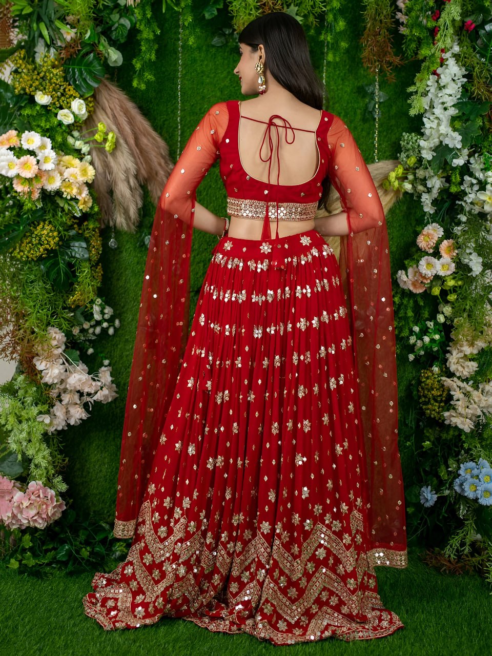 Red Georgette Lehenga Choli with Zari & Sequins Embroidery Wrok