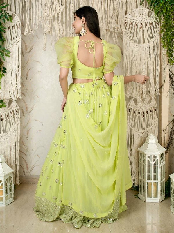 Lime Green Georgette Lehenga Choli with Sequins & Zari Embroidery Wrok