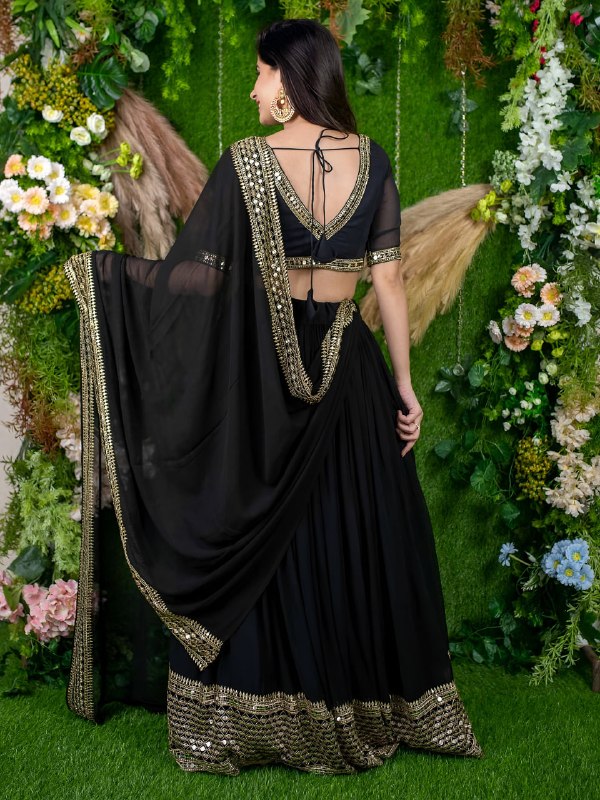 Black Georgette Lehenga Choli with Golden Border Work