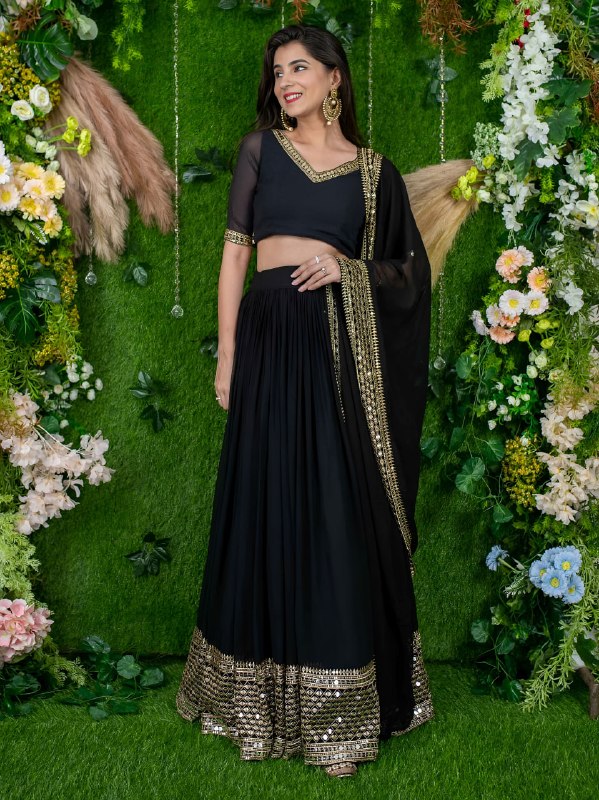 Black Georgette Lehenga Choli with Golden Border Work