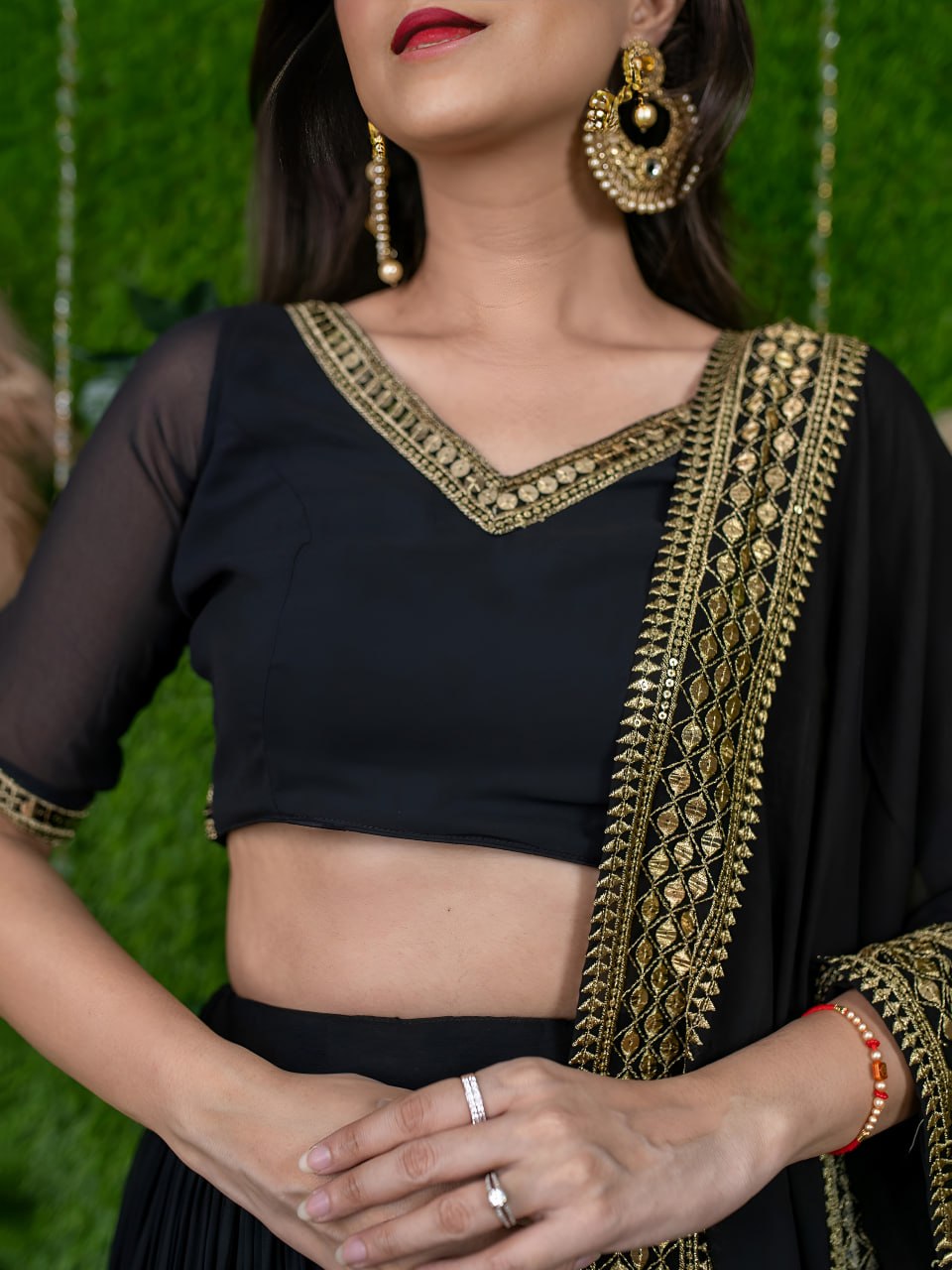 Black Georgette Lehenga Choli with Golden Border Work