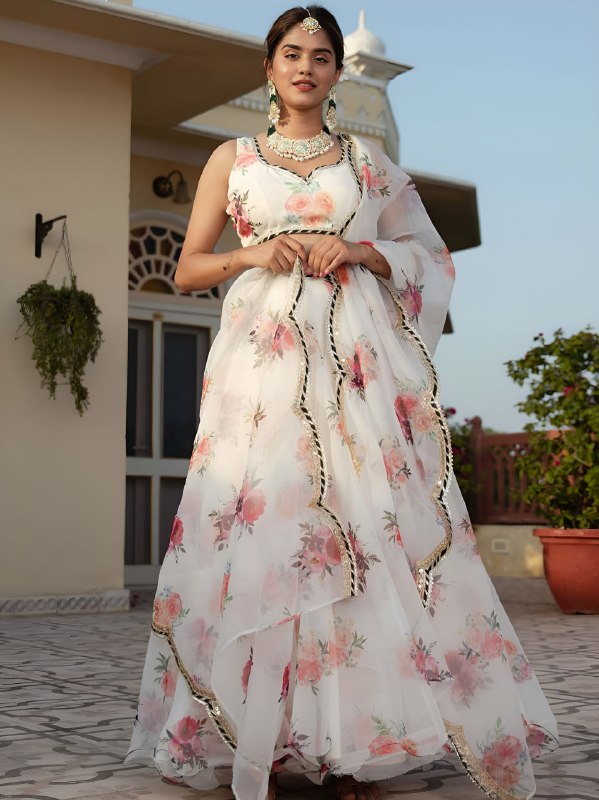 White Floral Printed Elegant Lehenga Choli Set