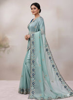 Sky Blue Jimmy Choo Chiffon Party Wear Saree with Heavy Pallu Embroidery