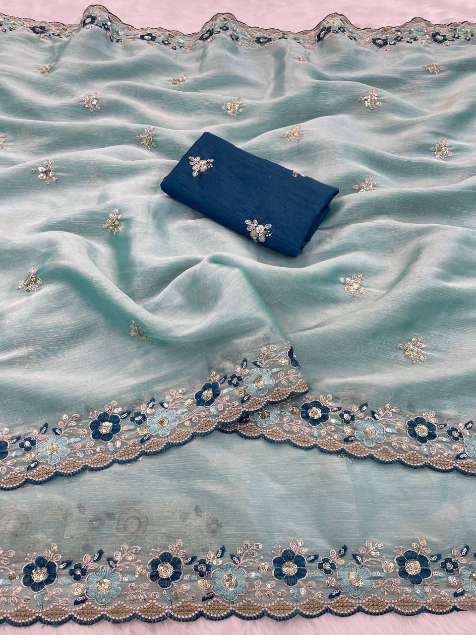 Sky Blue Jimmy Choo Chiffon Party Wear Saree with Heavy Pallu Embroidery