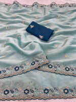 Sky Blue Jimmy Choo Chiffon Party Wear Saree with Heavy Pallu Embroidery