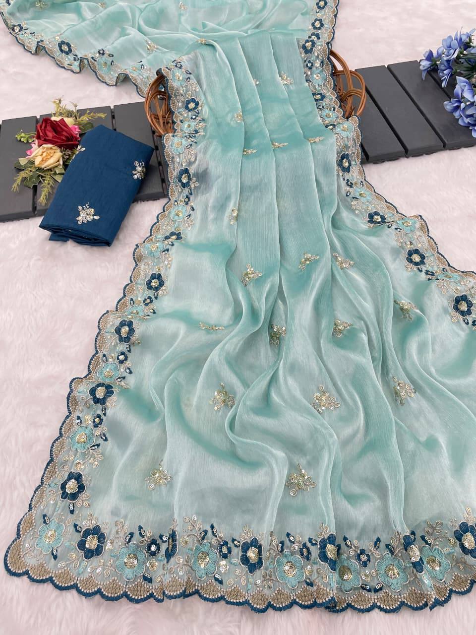 Sky Blue Jimmy Choo Chiffon Party Wear Saree with Heavy Pallu Embroidery