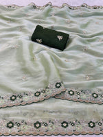 Green Jimmy Choo Chiffon Party Wear Saree with Heavy Pallu Embroidery