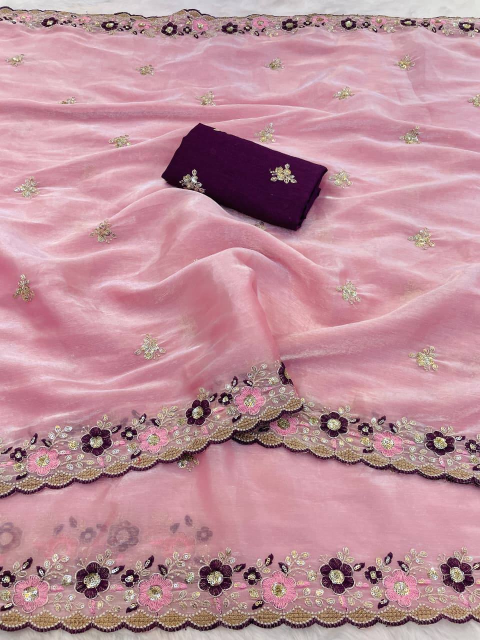 Pink Jimmy Choo Chiffon Party Wear Saree with Heavy Pallu Embroidery