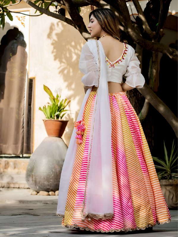 Multicolor Leheriya Printed with White Embroidered Dupatta Designer Festive & Summer Wear Lehenga Set