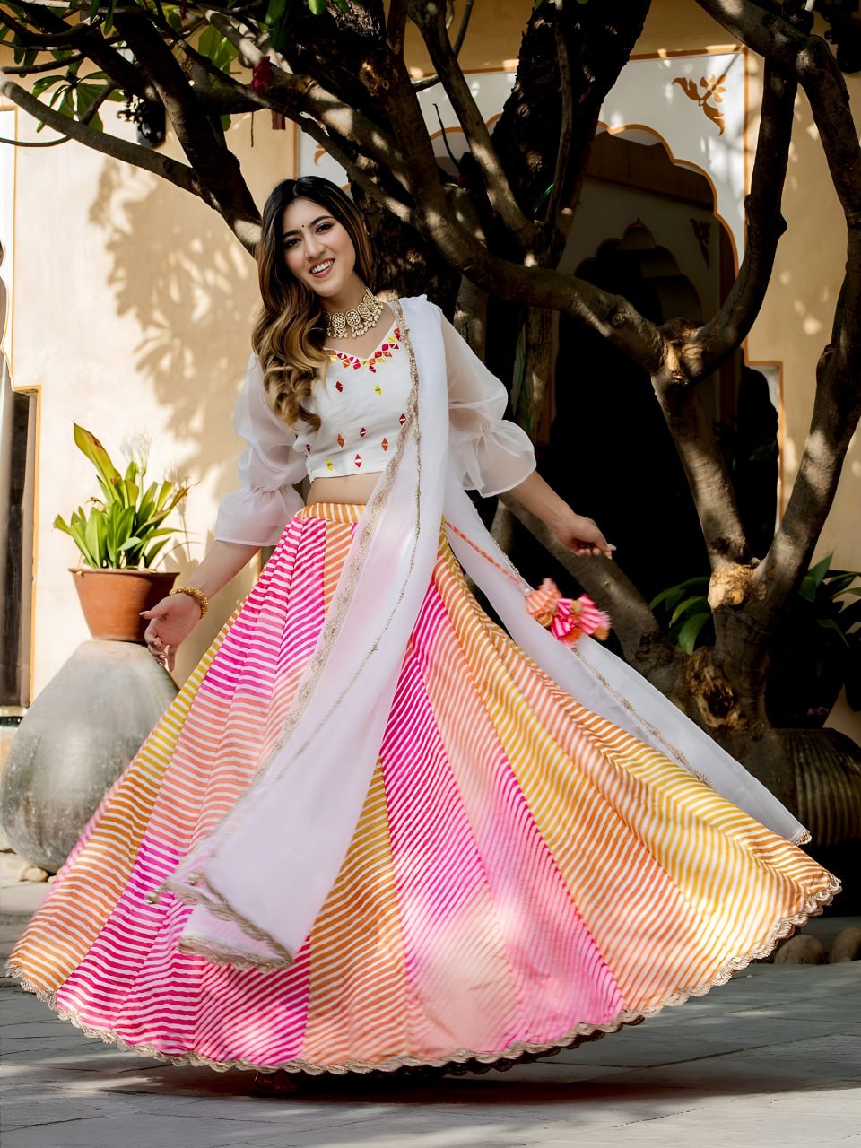 Multicolor Leheriya Printed with White Embroidered Dupatta Designer Festive & Summer Wear Lehenga Set