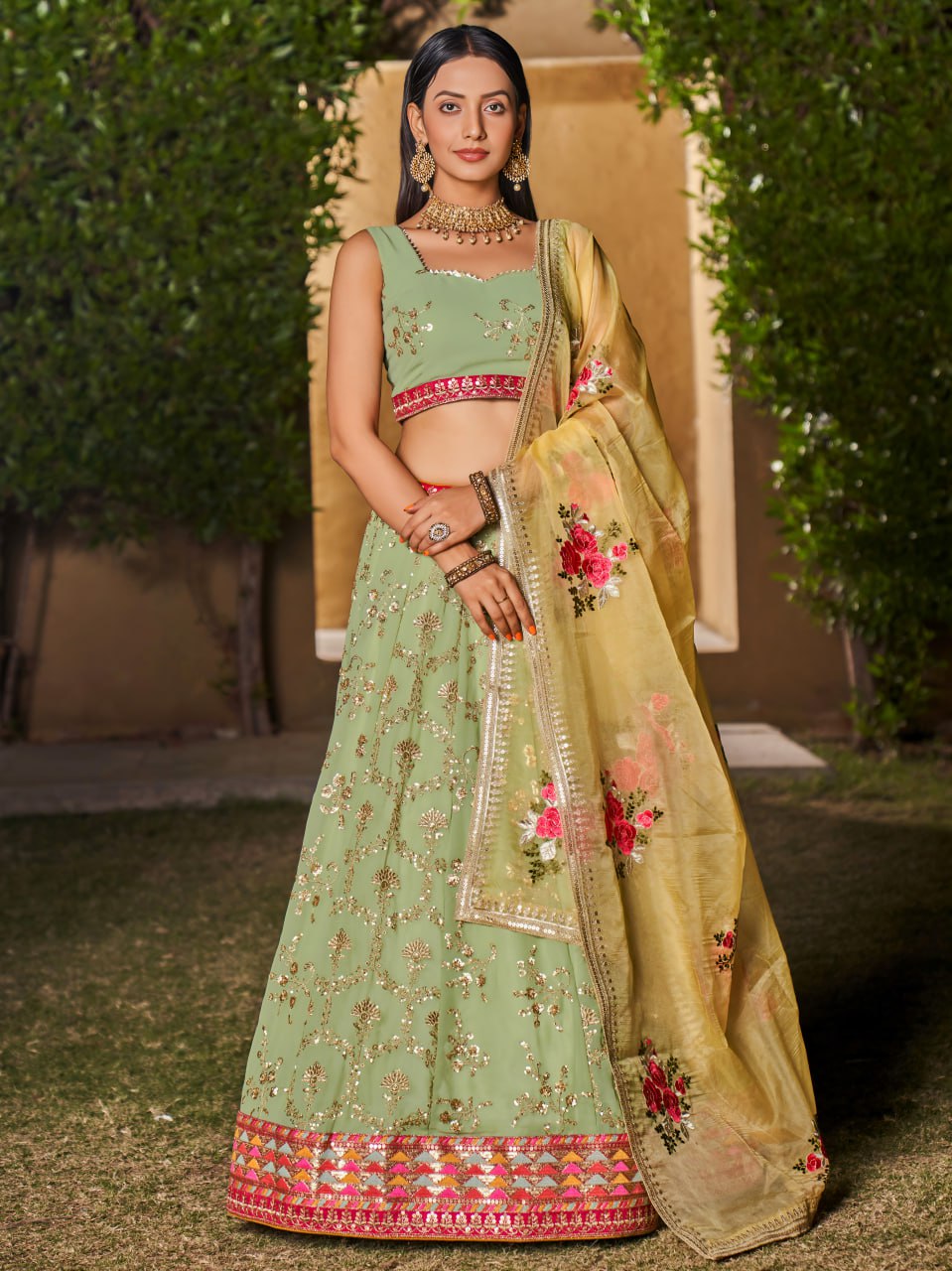 Pastel Green Multi Color Work Designer Party Specials Lehenga Choli