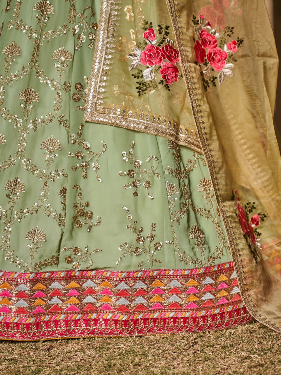 Pastel Green Multi Color Work Designer Party Specials Lehenga Choli