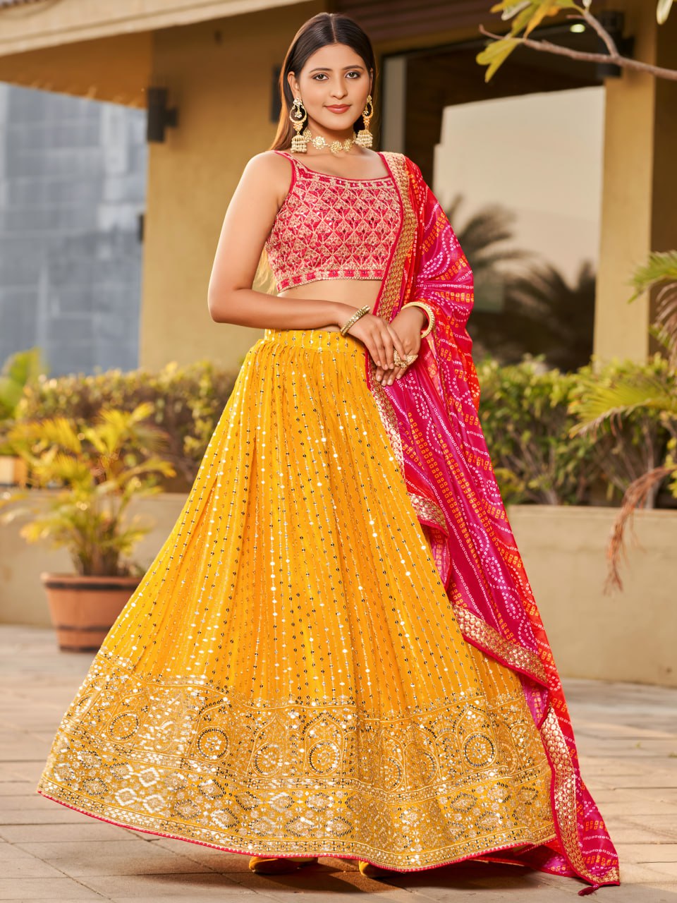 Yellow Color Sequins EmbroideredDesigner Haldi lehenga Choli
