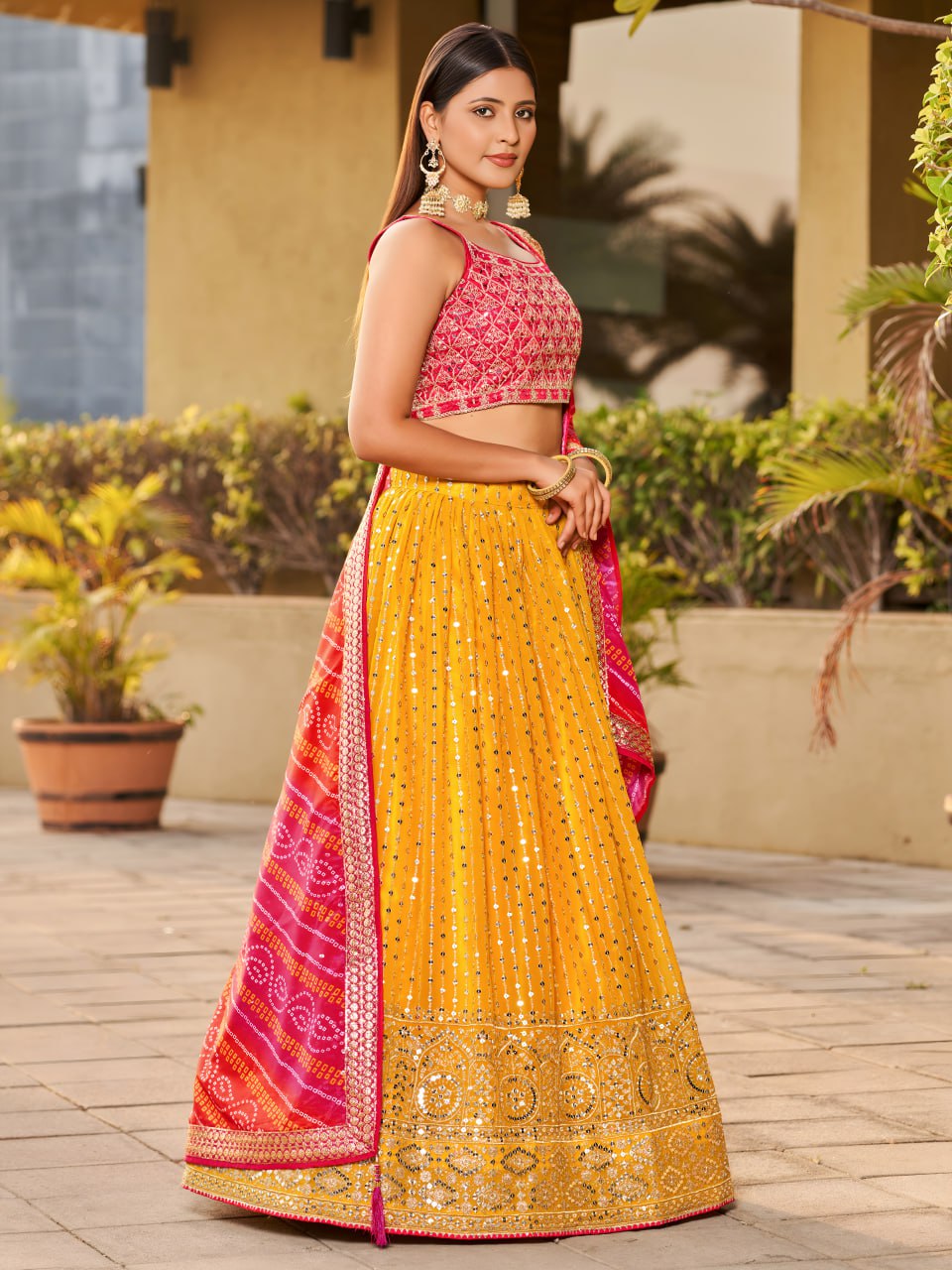 Yellow Color Sequins EmbroideredDesigner Haldi lehenga Choli