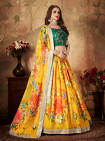 Yellow Floral Organza Lehenga Choli with Green Embroidered Blouse Designer Wedding & Festive Wear Lehenga Set