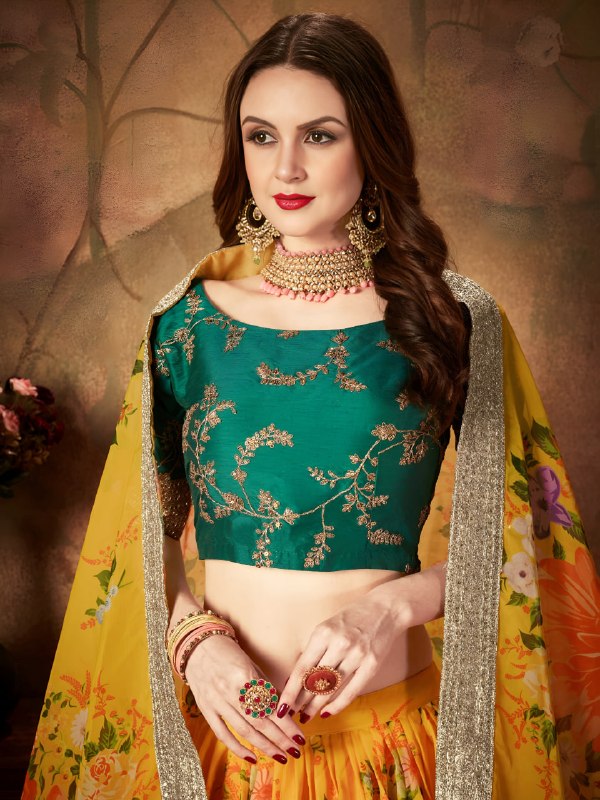 Yellow Floral Organza Lehenga Choli with Green Embroidered Blouse Designer Wedding & Festive Wear Lehenga Set