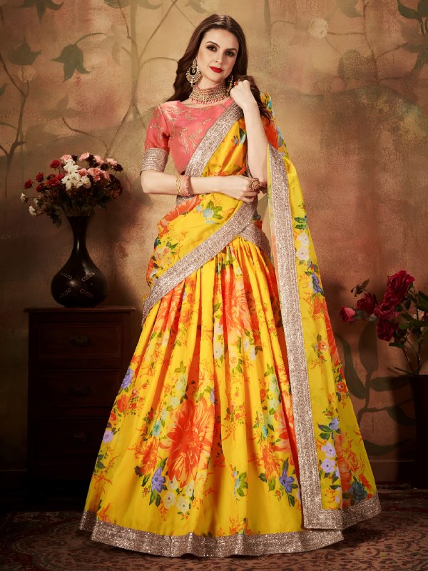 Yellow Floral Organza Lehenga Choli with Orange Embroidered Blouse