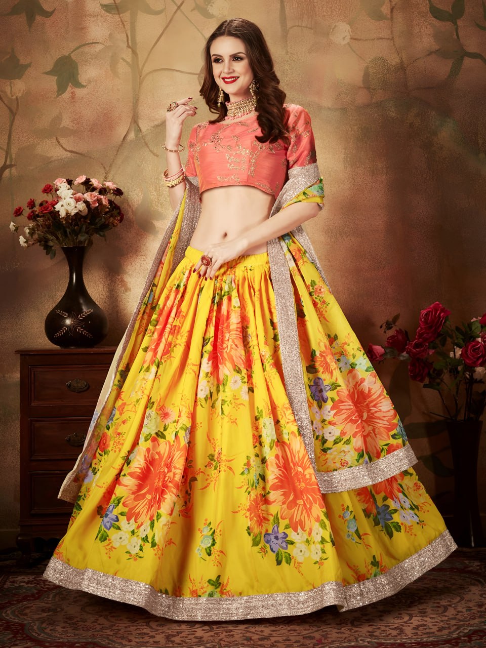 Yellow Floral Organza Lehenga Choli with Orange Embroidered Blouse