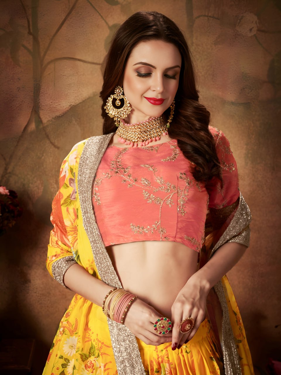 Yellow Floral Organza Lehenga Choli with Orange Embroidered Blouse