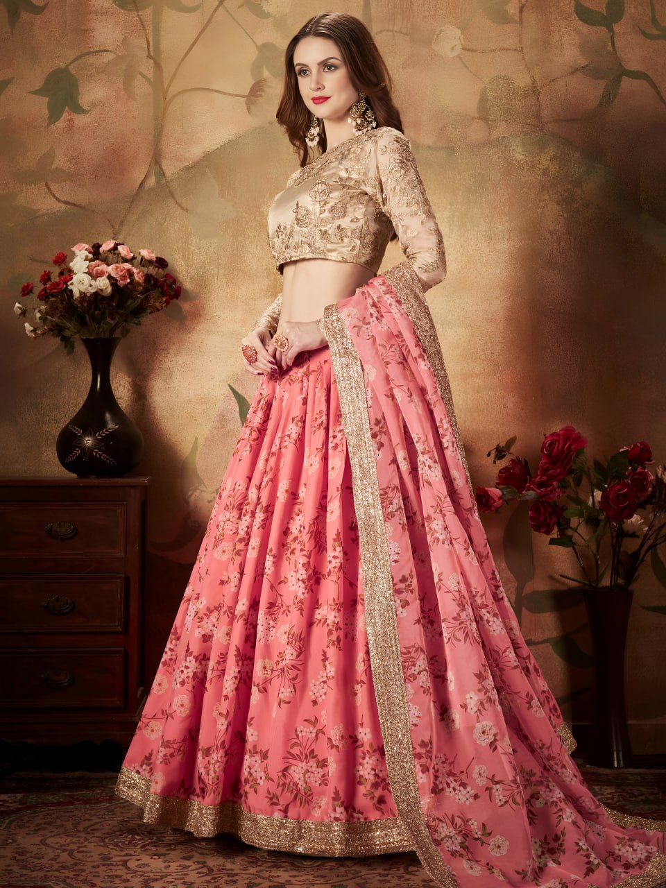 Pink Floral Organza Lehenga Choli with Golden Embroidered Blouse