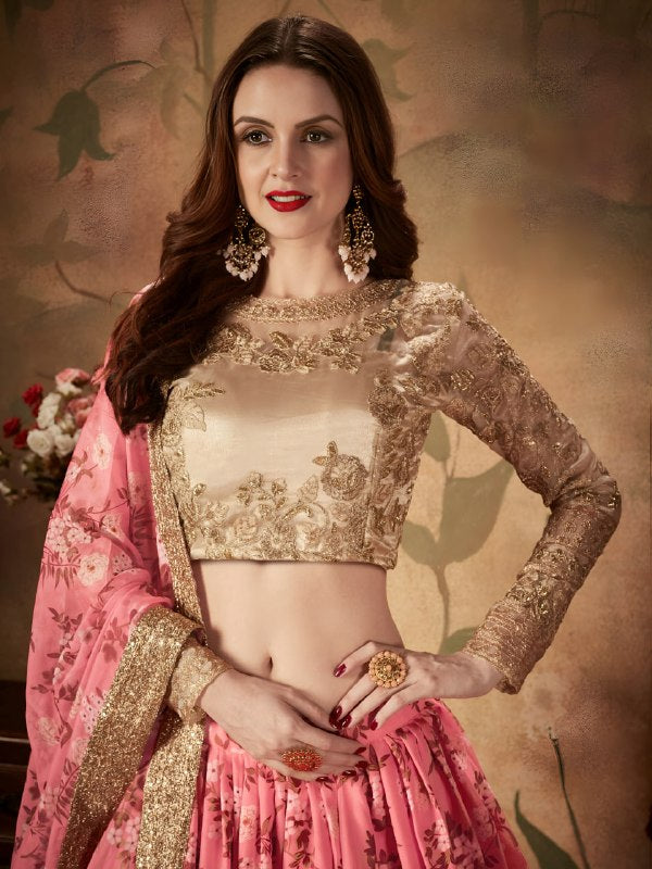 Pink Floral Organza Lehenga Choli with Golden Embroidered Blouse
