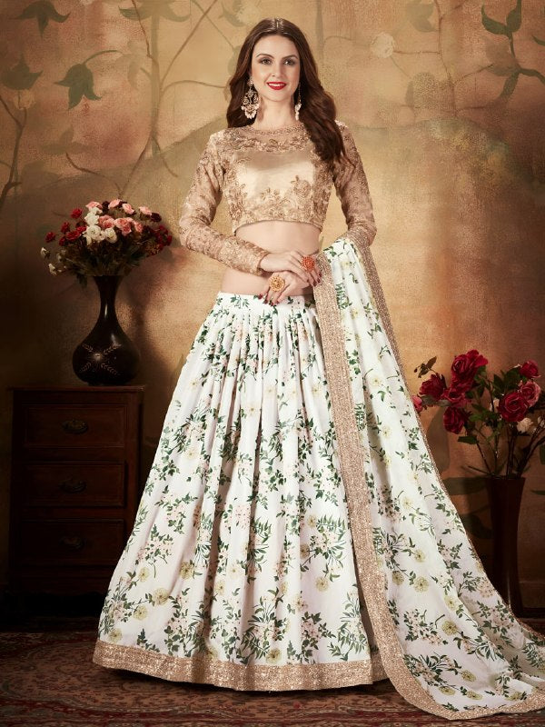 Ivory Floral Organza Lehenga Choli with Golden Embroidered Blouse