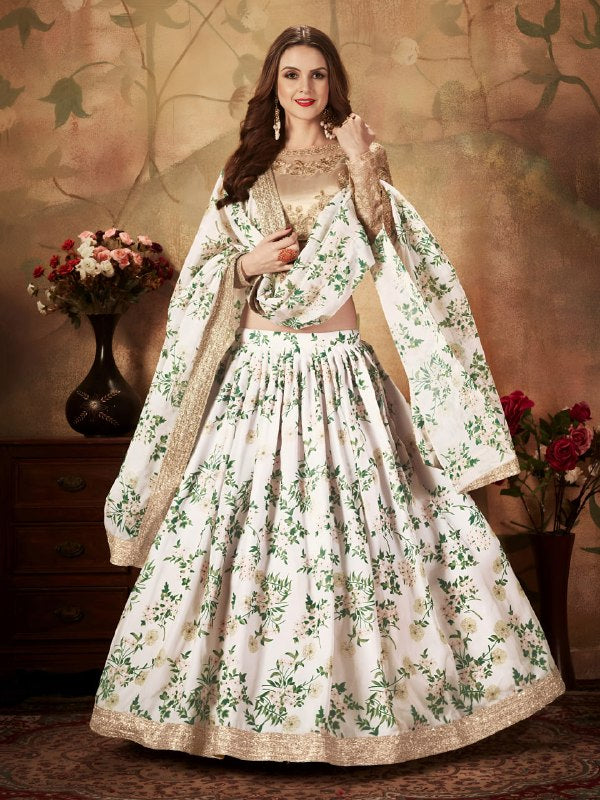 Ivory Floral Organza Lehenga Choli with Golden Embroidered Blouse