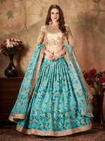 Sky Blue Floral Organza Lehenga Choli with Golden Embroidered Blouse