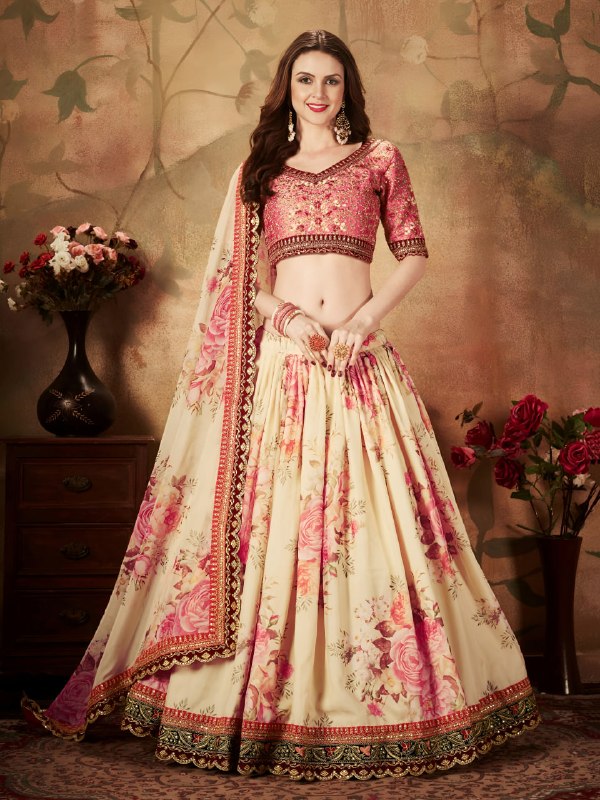 Cream Floral Organza Lehenga Choli with Peach Embroidered Blouse