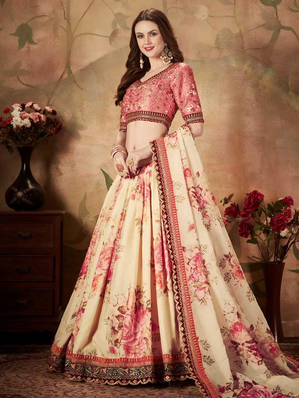 Cream Floral Organza Lehenga Choli with Peach Embroidered Blouse