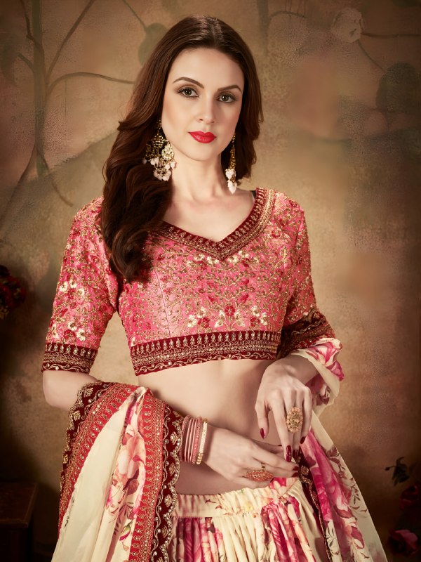 Cream Floral Organza Lehenga Choli with Peach Embroidered Blouse